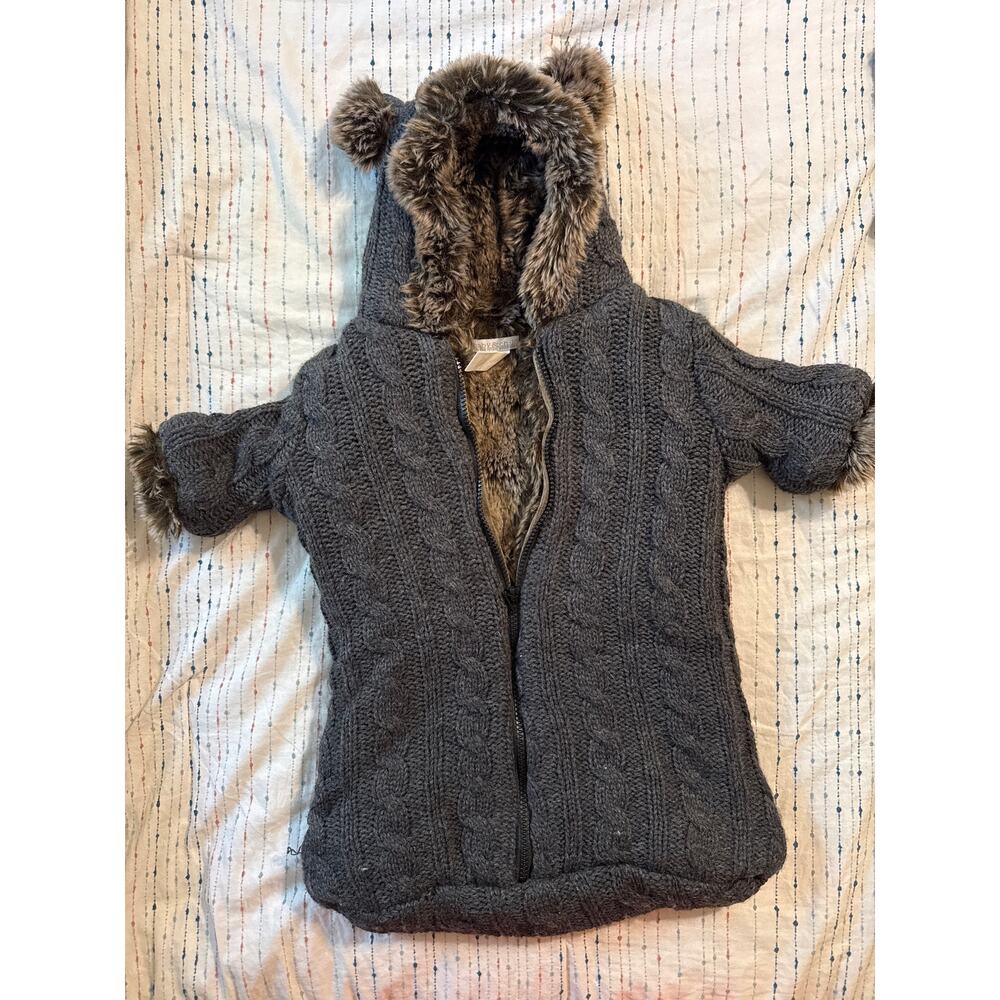 Restoration Hardware Faux Fur Cable Knit Hooded Bear Bunting One Piece Size 6 Mo